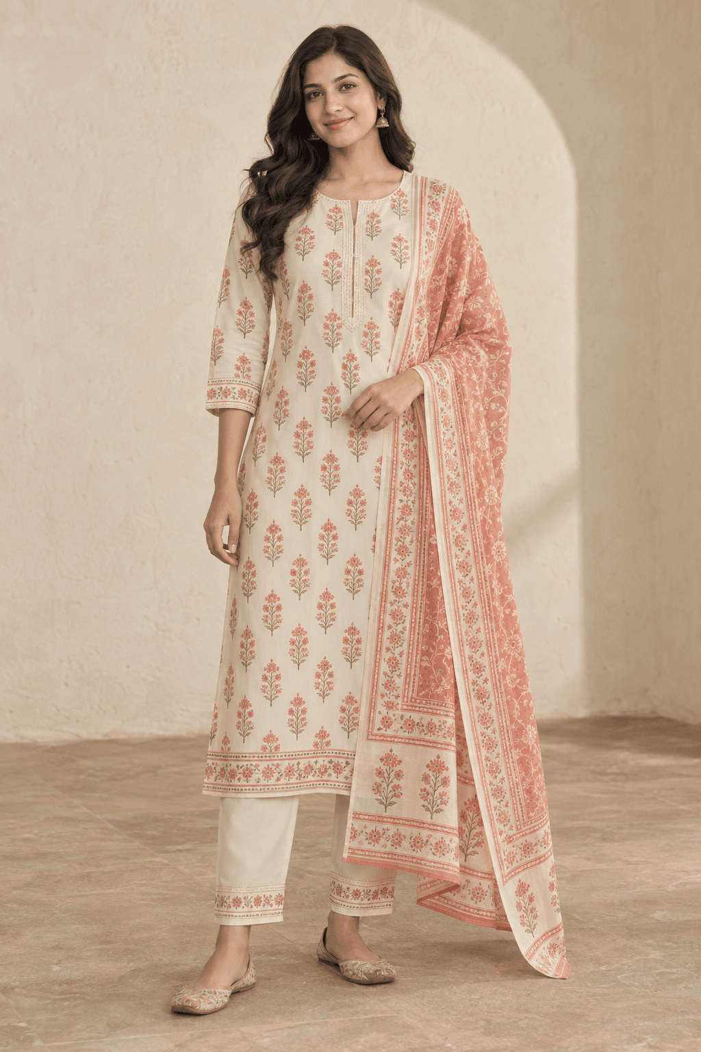 Soft ivory and coral printed cotton kurta set