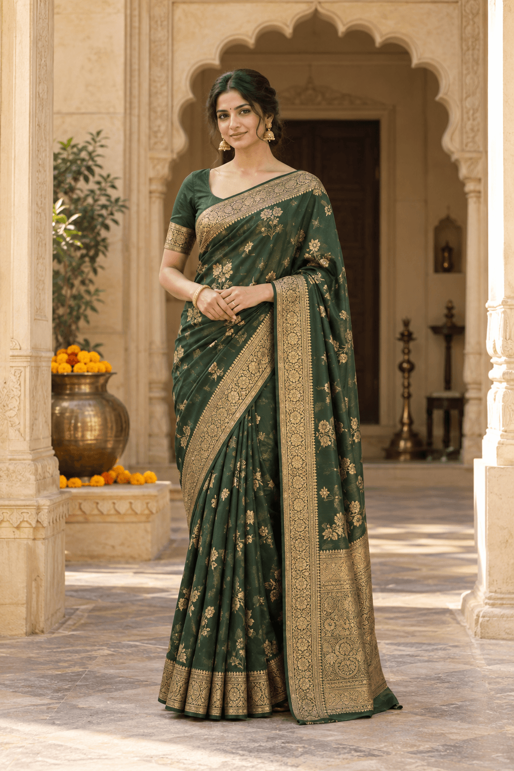 Emerald green saree with a gold border in a sunlit heritage setting
