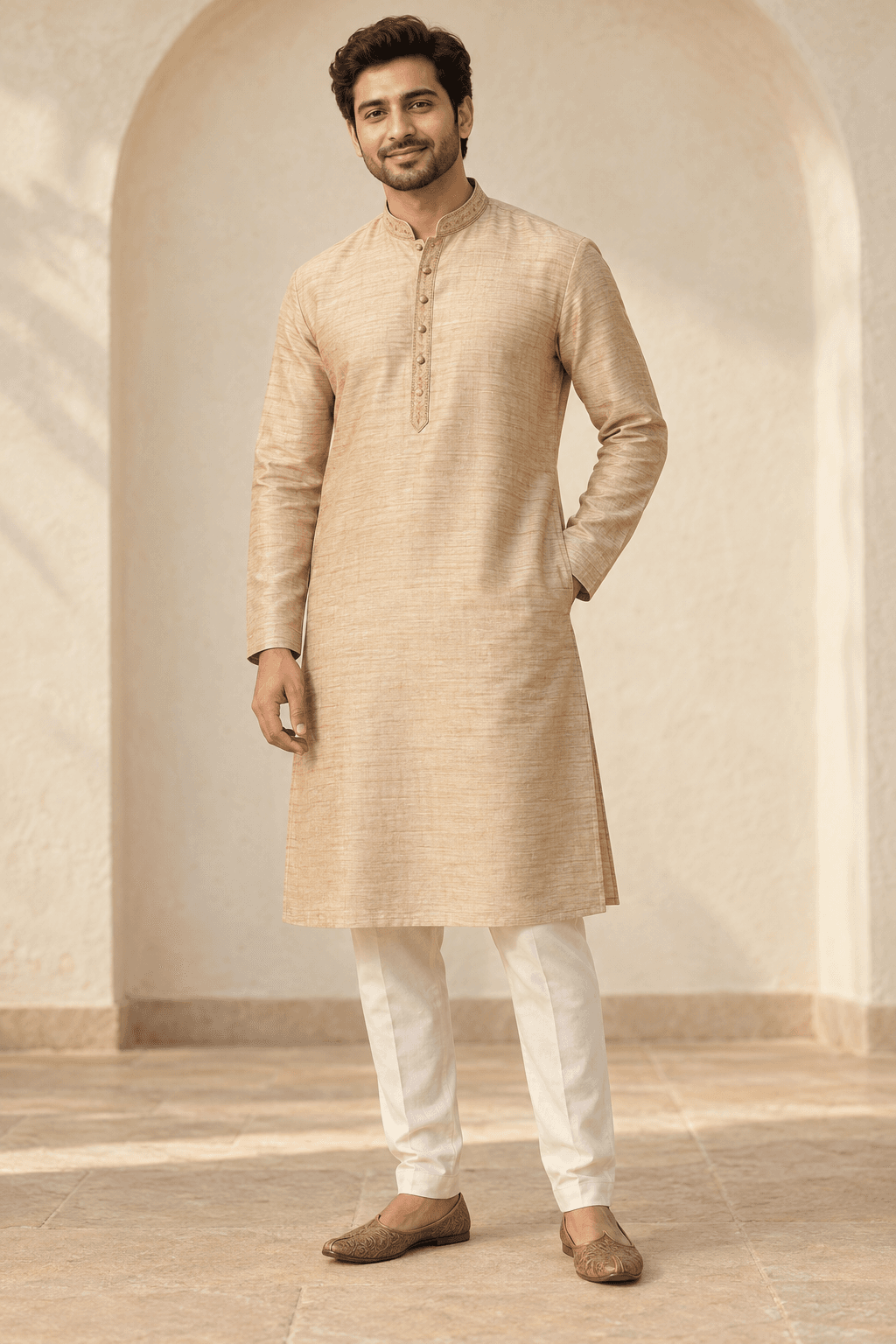 Men's ivory traditional kurta with a textured heritage waistcoat