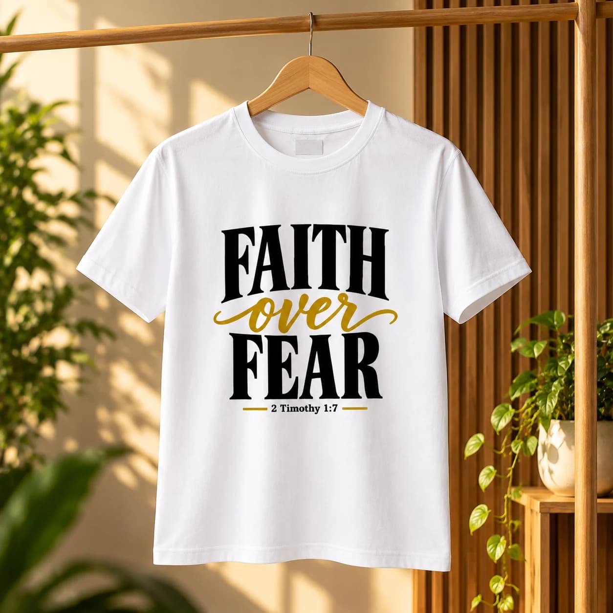 Faith Over Fear White Unisex Jersey T-Shirt Hanging Front View