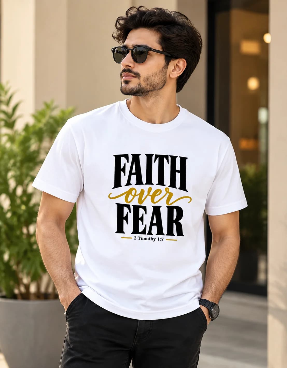Faith Over Fear White Unisex Jersey T-Shirt on Model