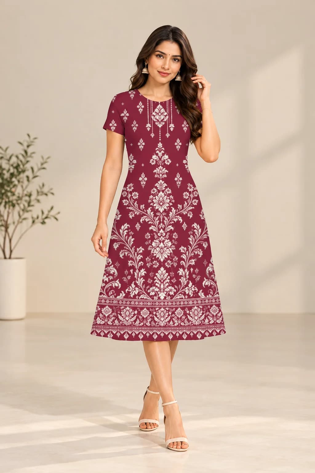 Burgundy Floral A-Line Dress